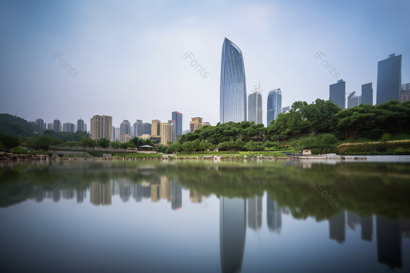 有亭子的绿色森林公园湖畔眺望远处的市区商务中心高楼蓝天白云现代建筑实拍,高清,摄影图,摄影图片,图片大全,摄影图免费下载